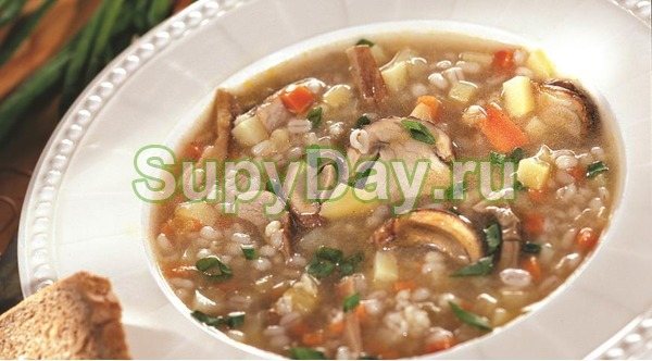 Грибной суп с мясом и перловкой